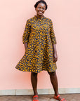 Navy dress with yellow floral vines
