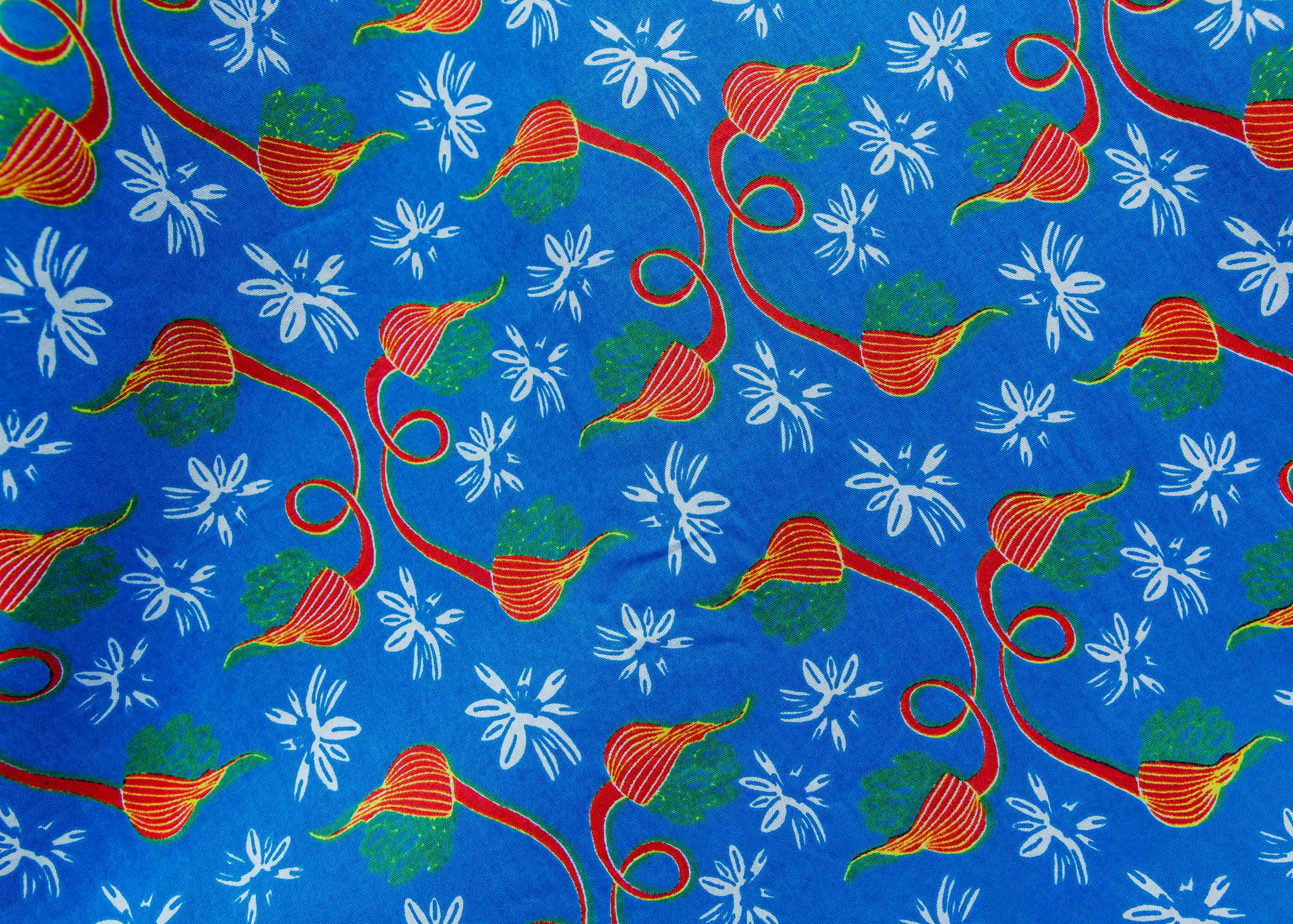 Display of a blue, red and white flower pod design shirt dress