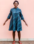Navy and green stitch resist dress
