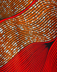 Display of red and brown abstract print dress, fabric.