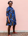 Blue, white and gold swirl dress