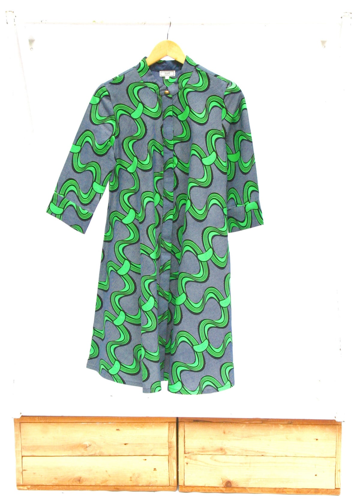 Navy dress with green ribbons