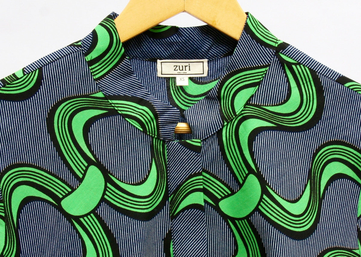 Navy dress with green ribbons