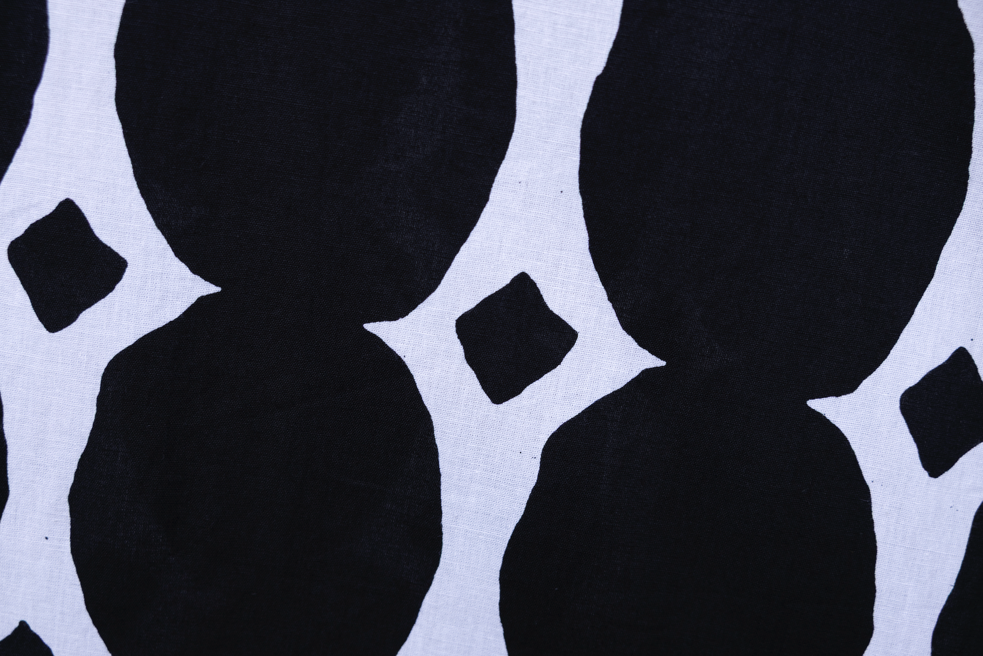 Close up display of black and white geometric print dress, fabric