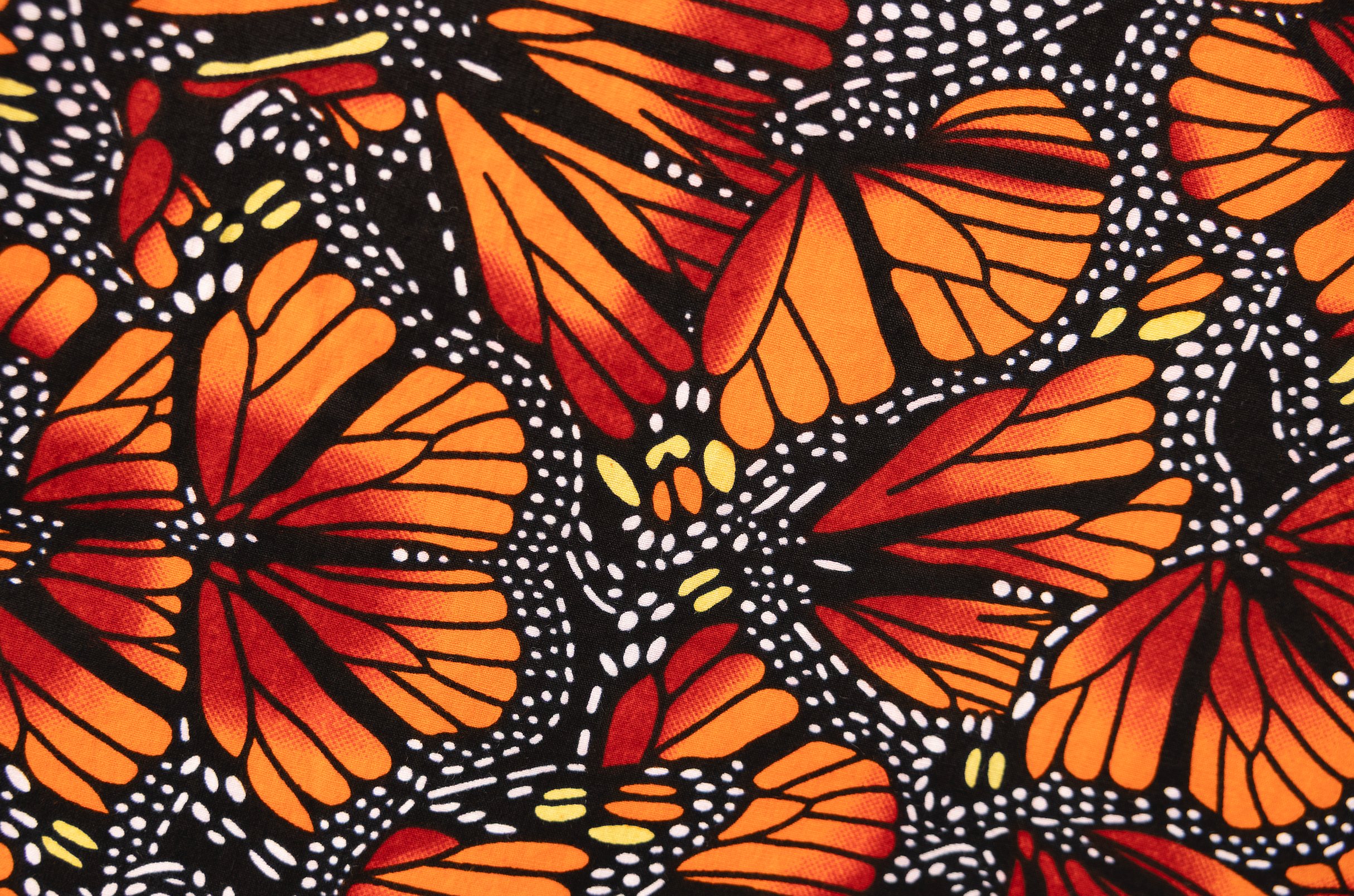 Close up display of butterfly print dress, fabric.