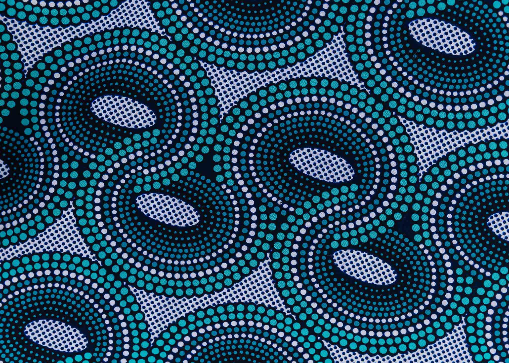 Display of dress with teal shaded loop print.