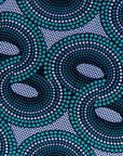 Display of dress with teal shaded loop print.