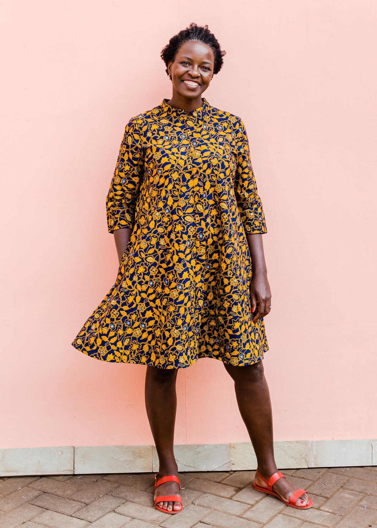 Navy dress with yellow floral vines