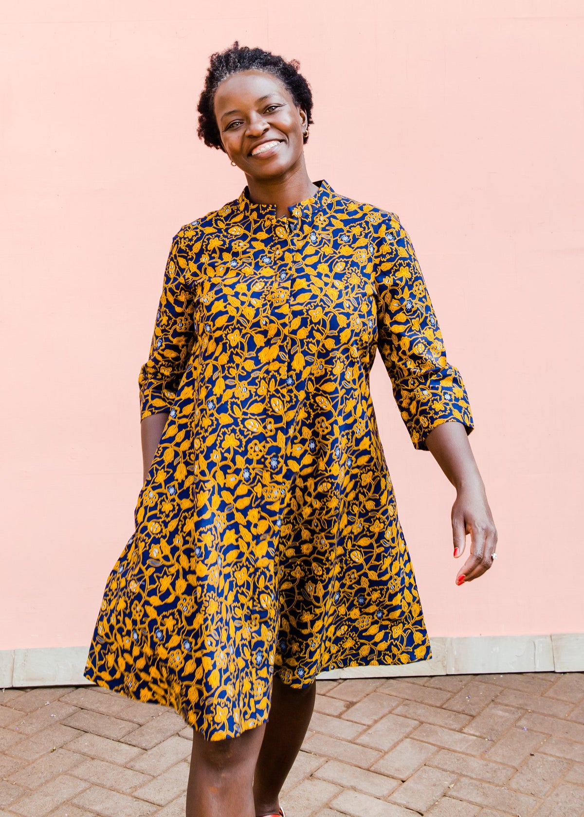 Navy dress with yellow floral vines