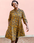 Navy dress with yellow floral vines