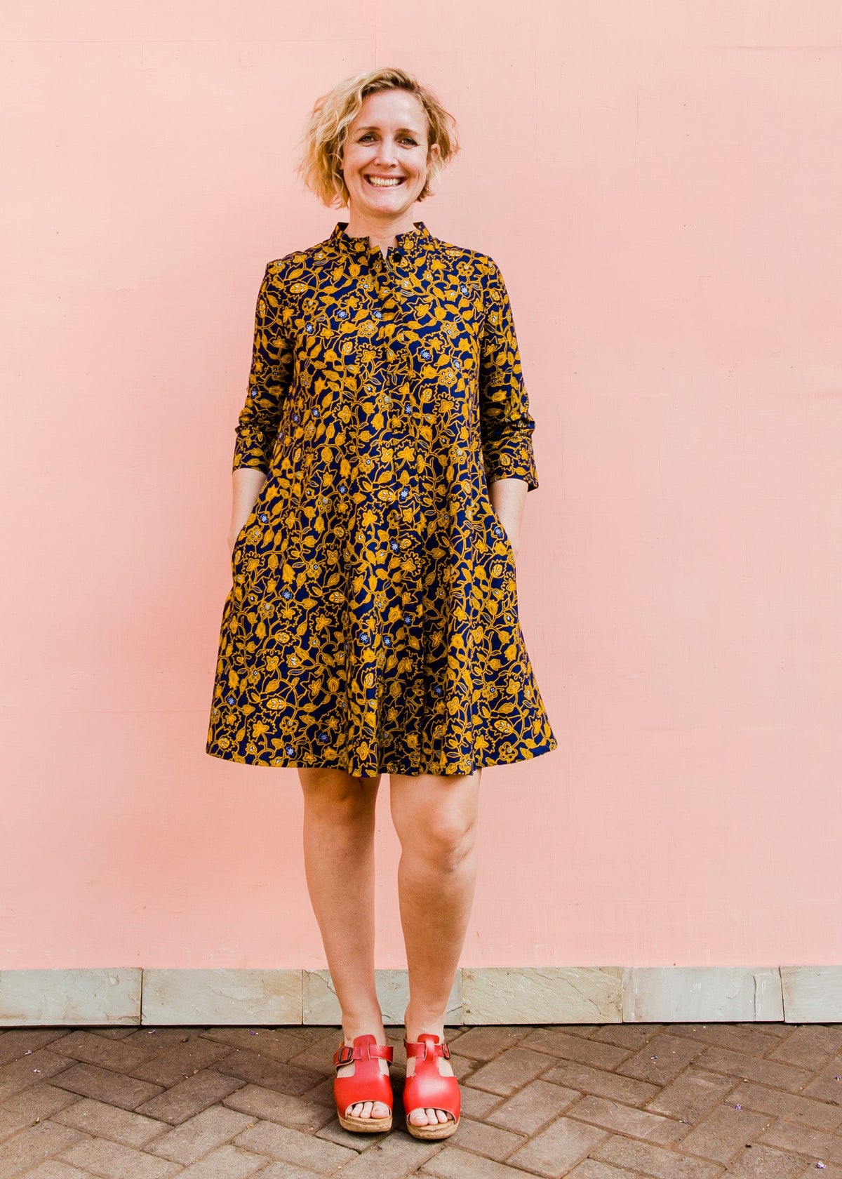 Navy dress with yellow floral vines