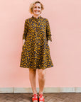 Navy dress with yellow floral vines