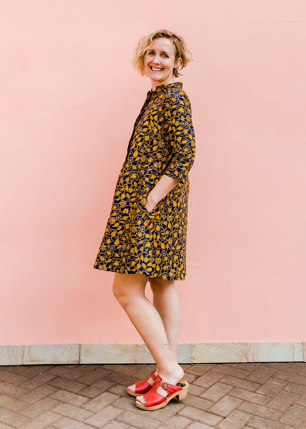 Navy dress with yellow floral vines