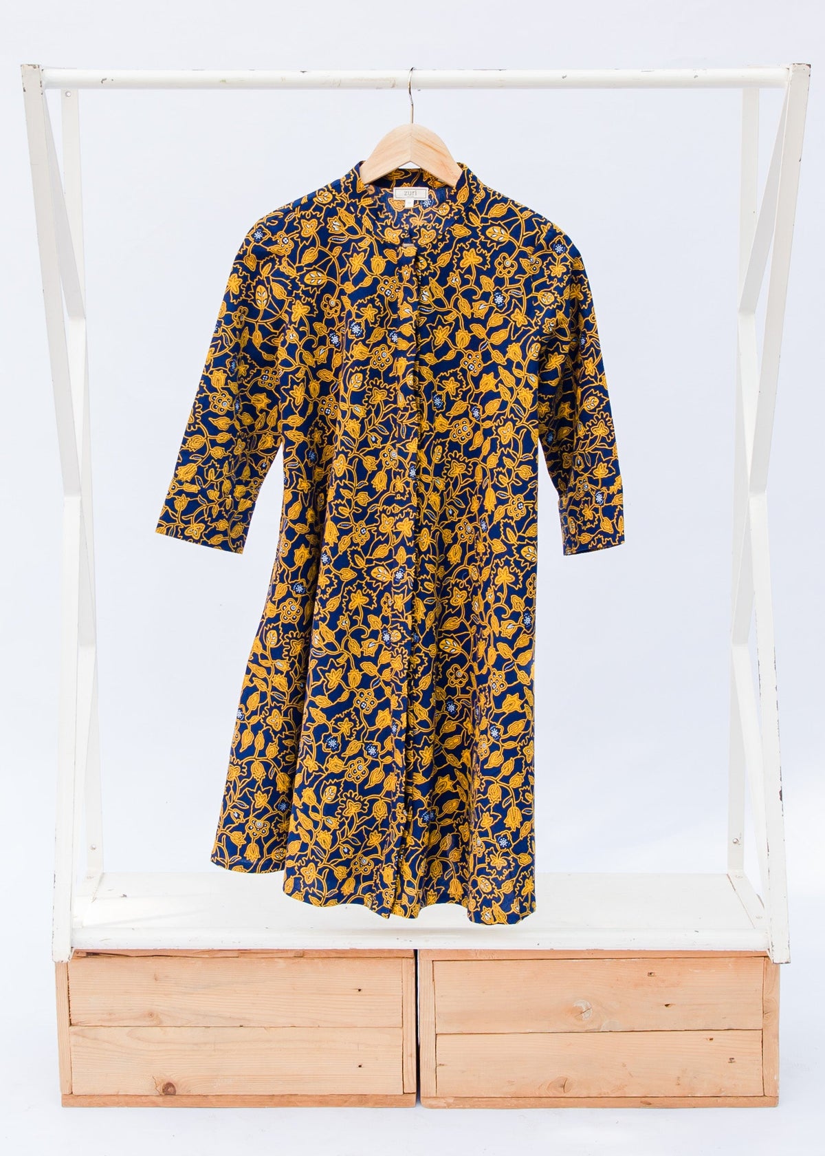 Navy dress with yellow floral vines