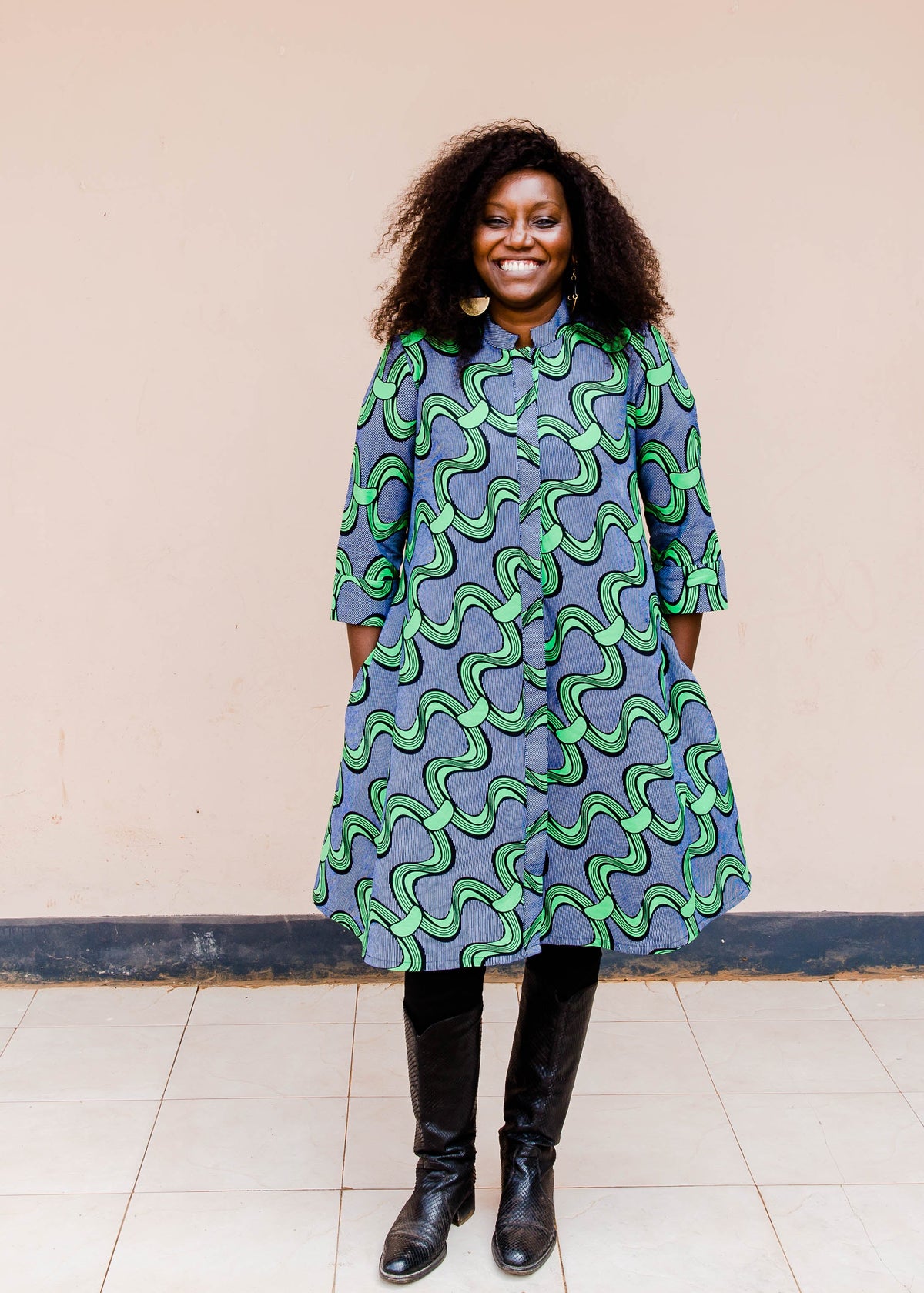 Navy dress with green ribbons