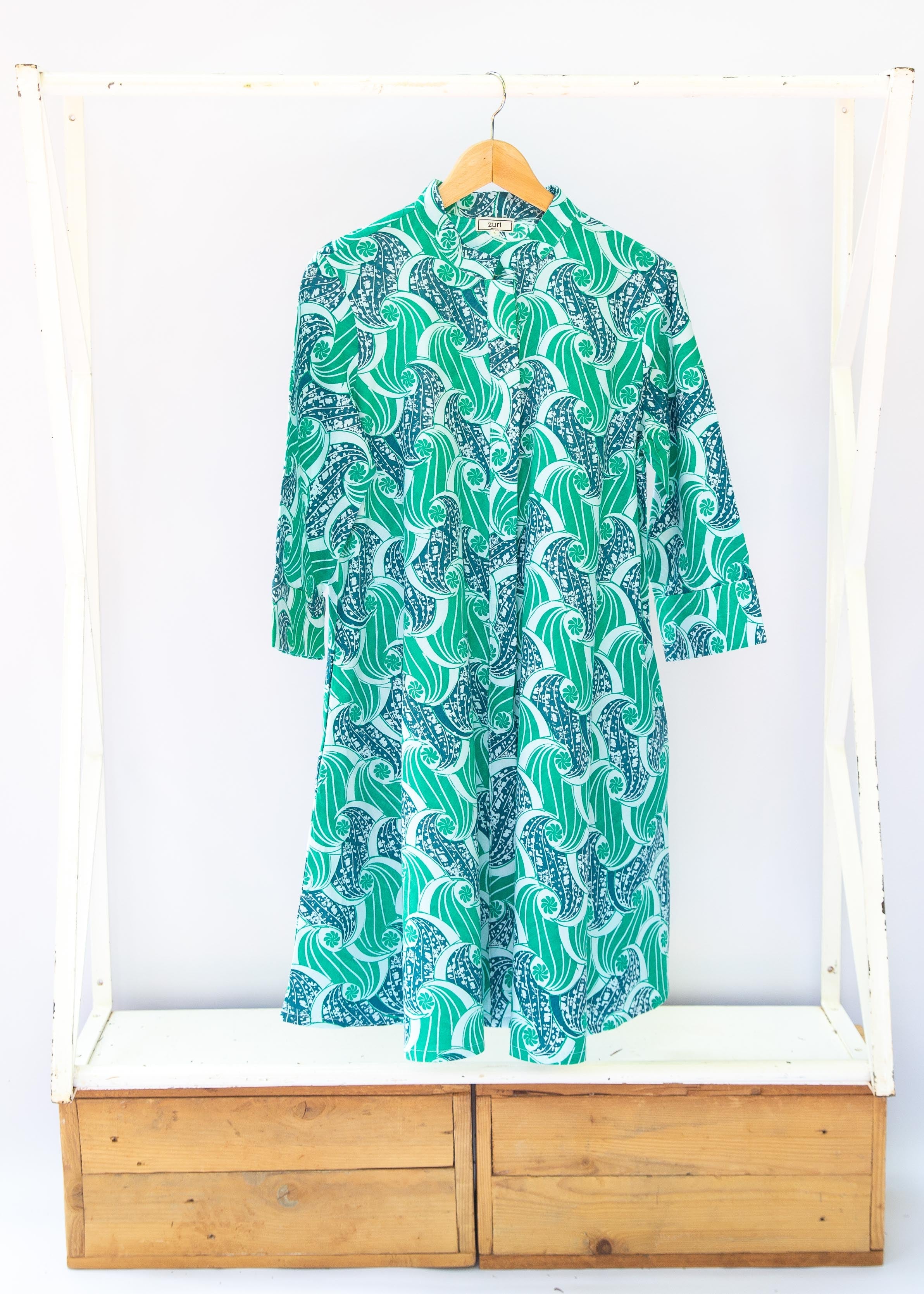 Blue and teal wave print dress