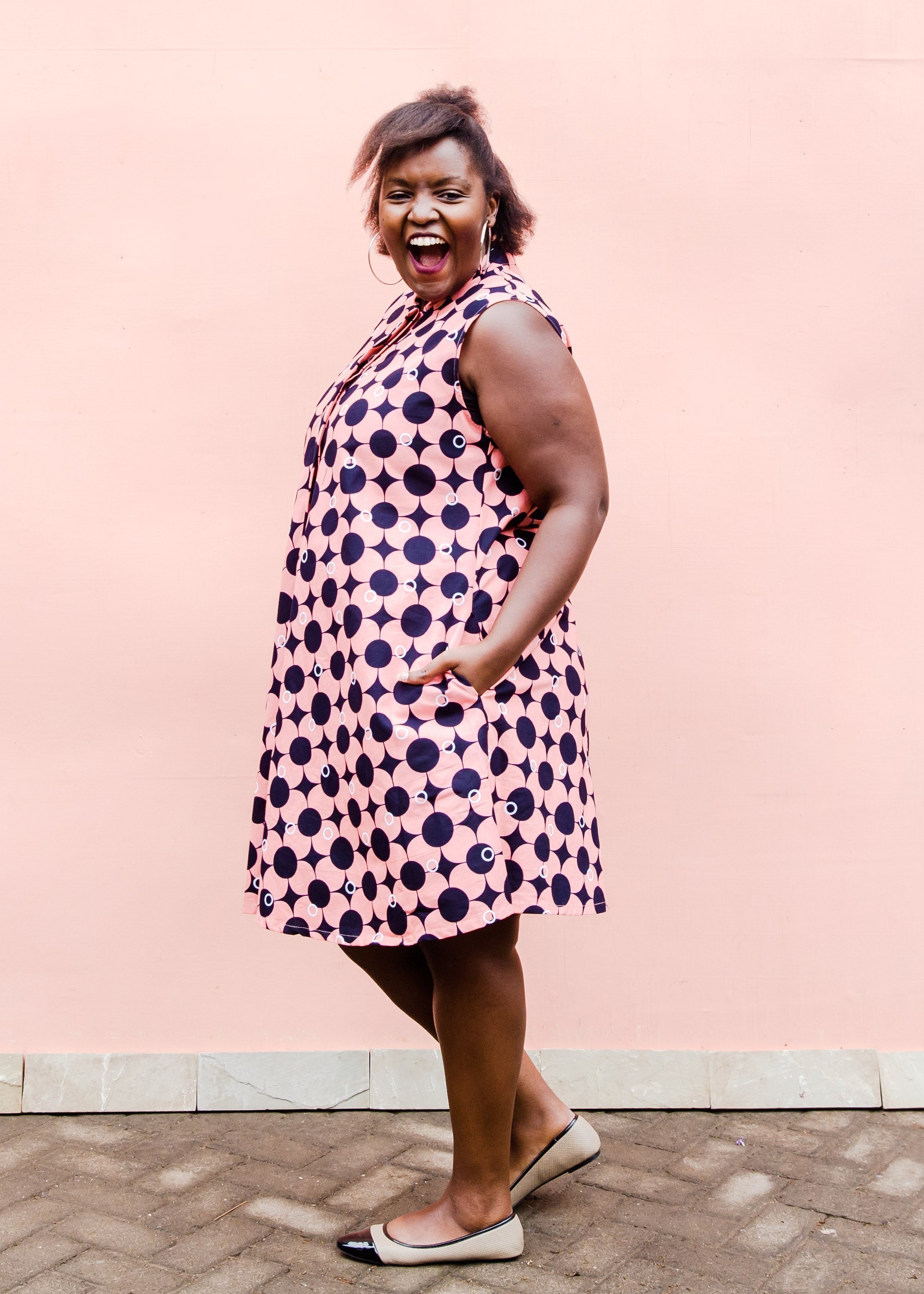 Pink dress with black and white dots