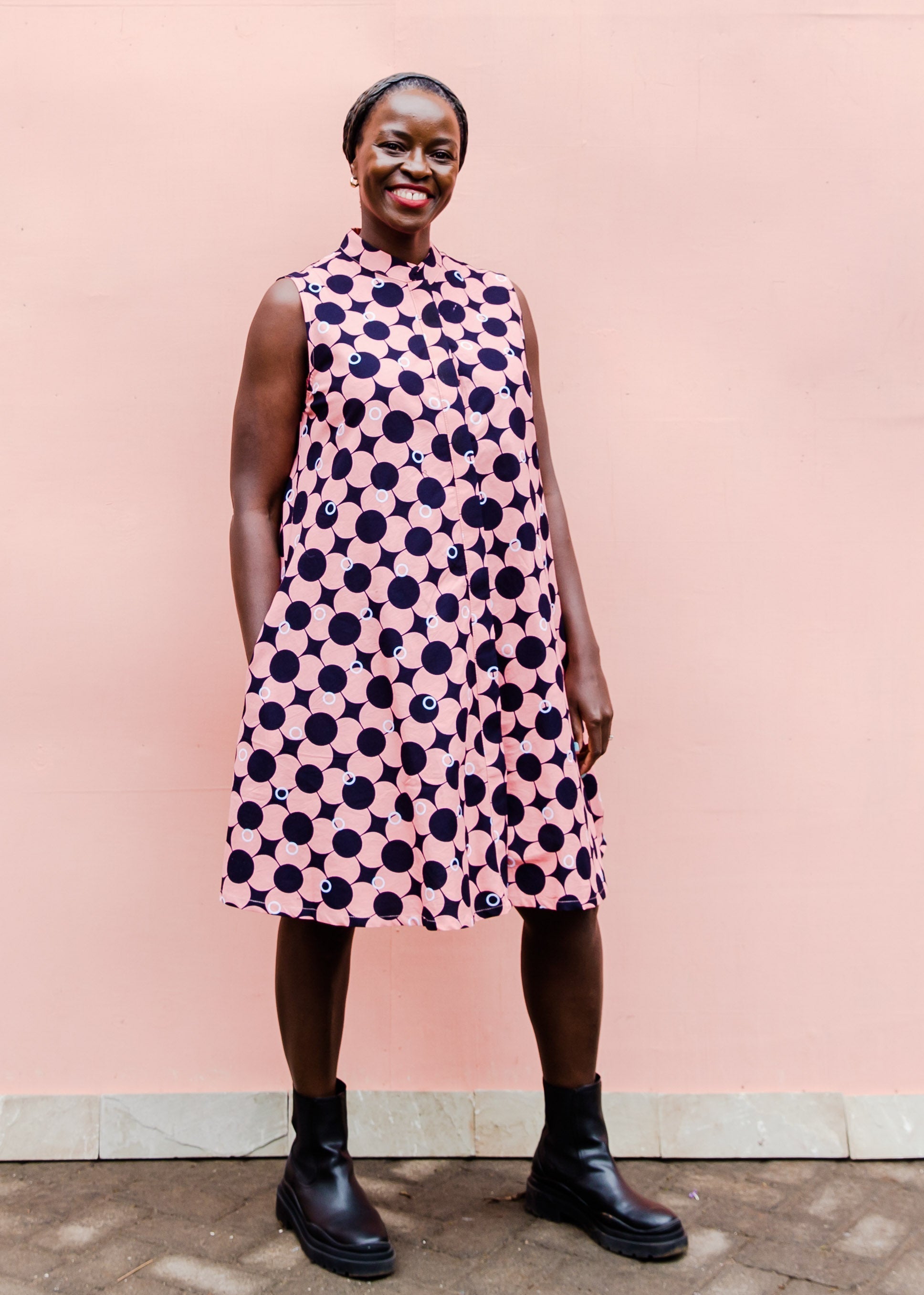 Pink dress with black and white dots