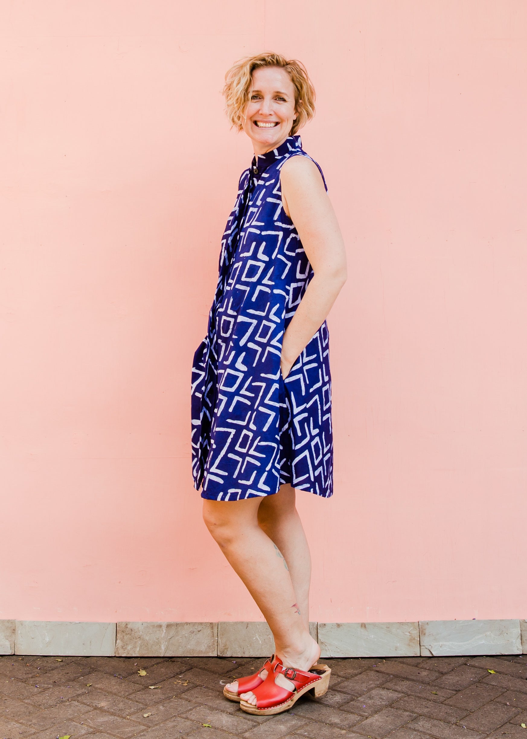 Blue and white diamond batik dress