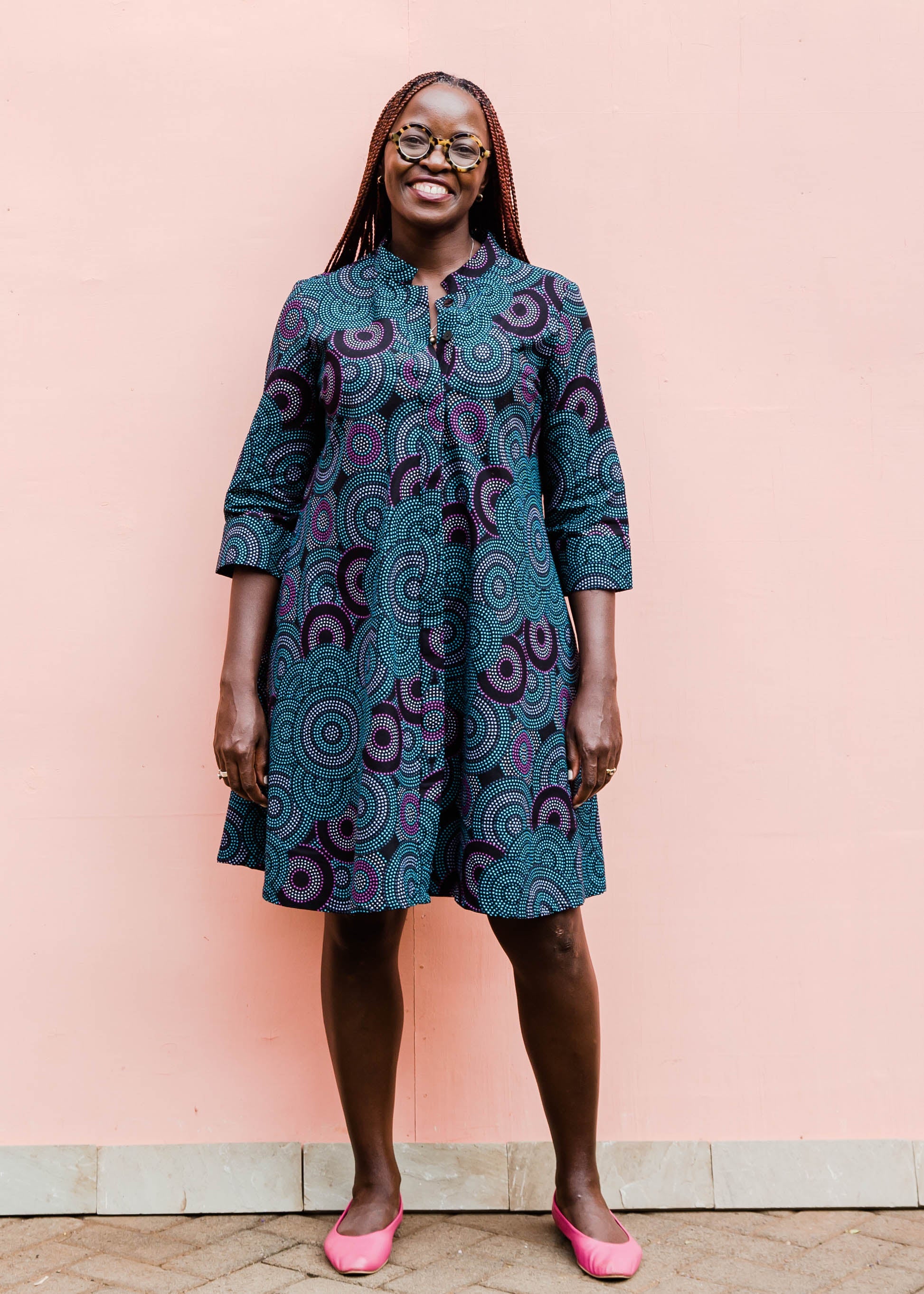 Black, teal, white and purple circle design dress