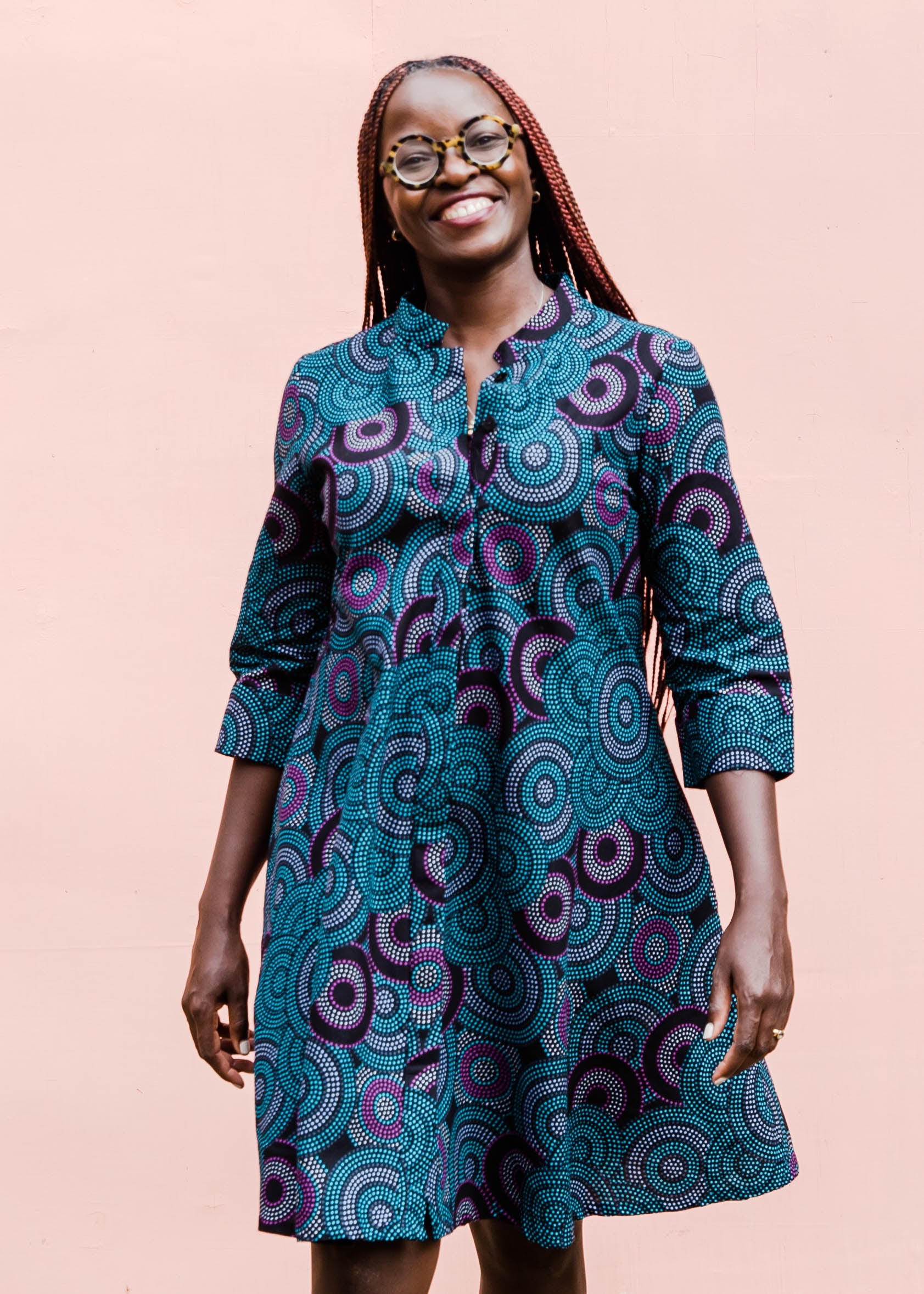 Black, teal, white and purple circle design dress