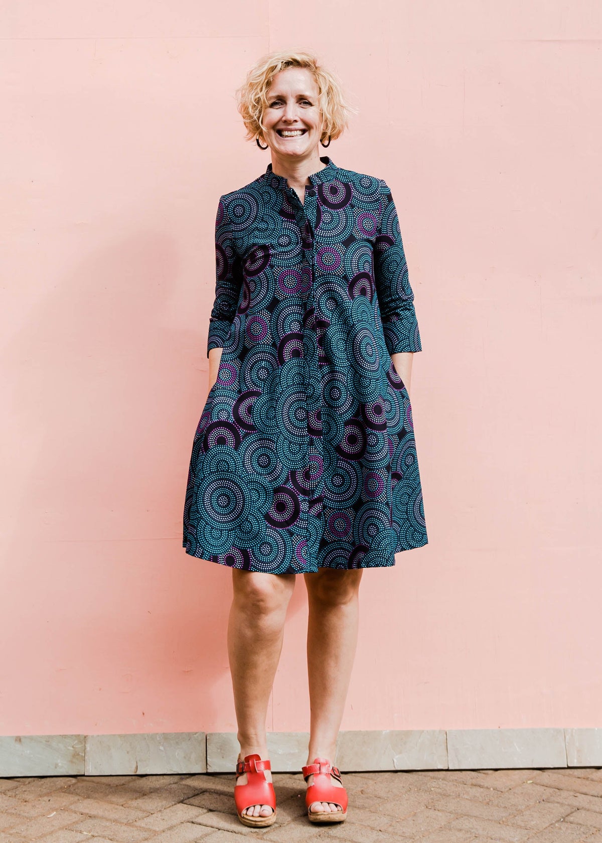 Black, teal, white and purple circle design dress