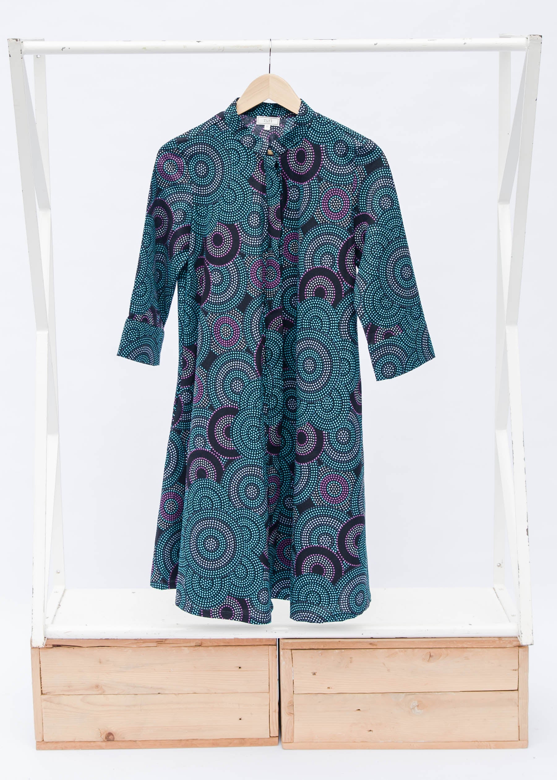 Black, teal, white and purple circle design dress