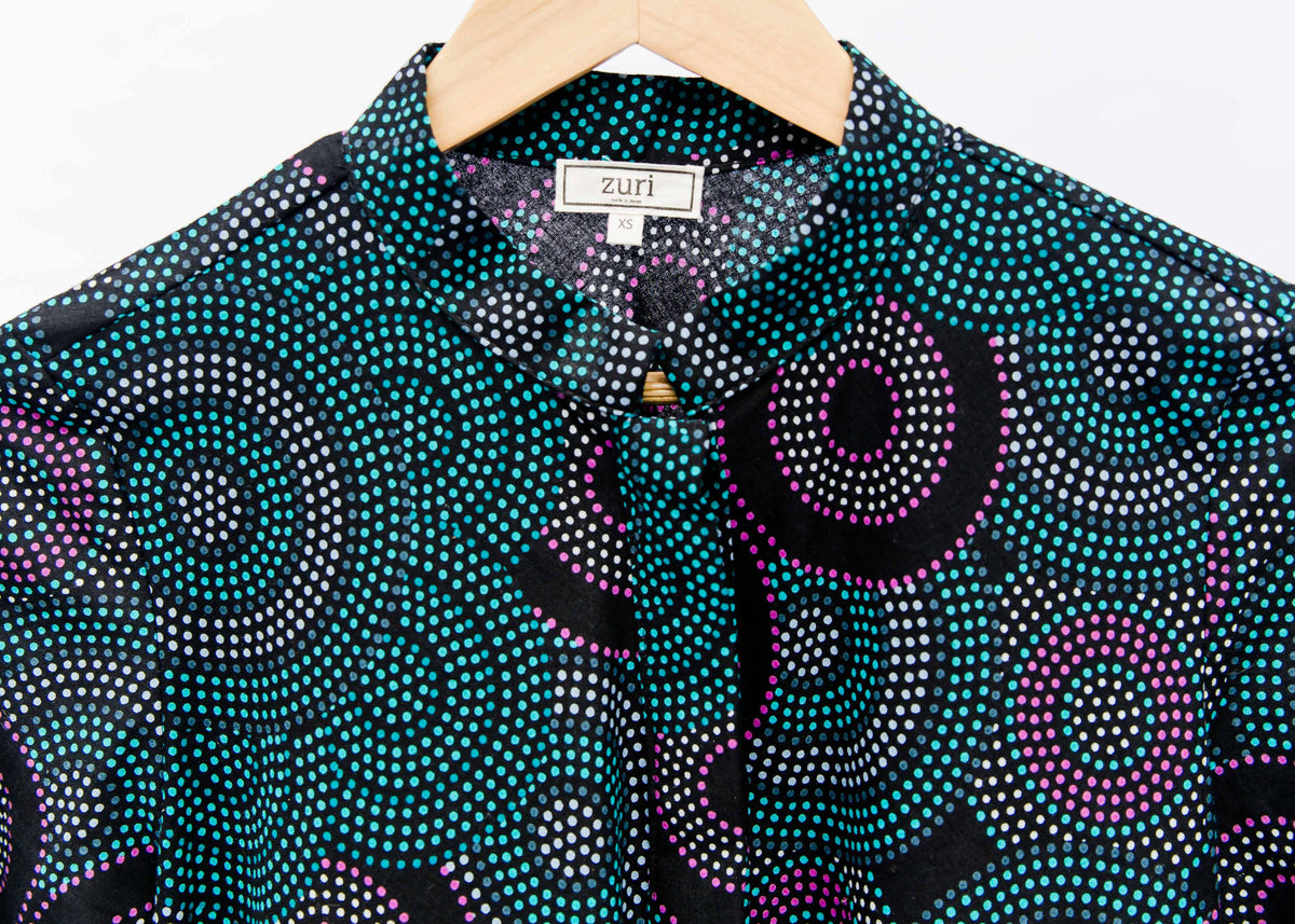 Black, teal, white and purple circle design dress