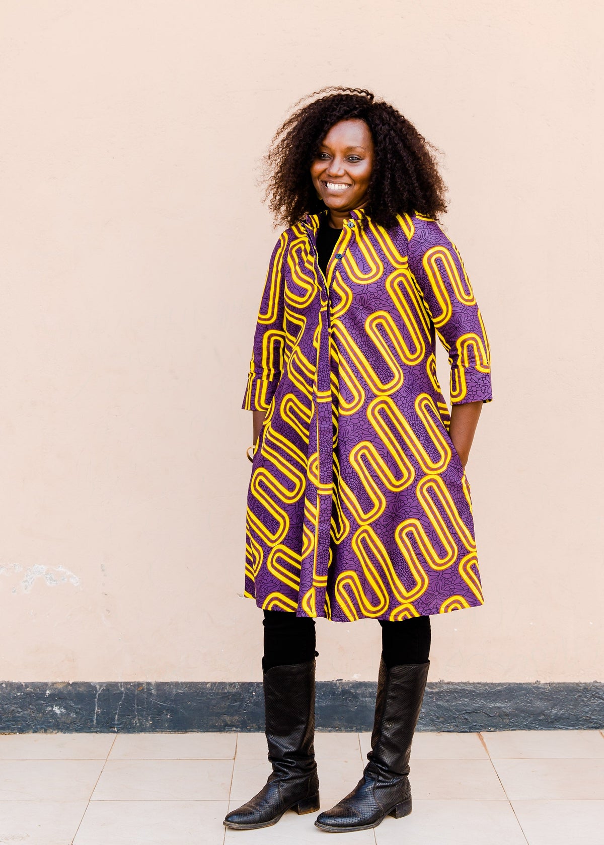 Purple dress with yellow squiggles