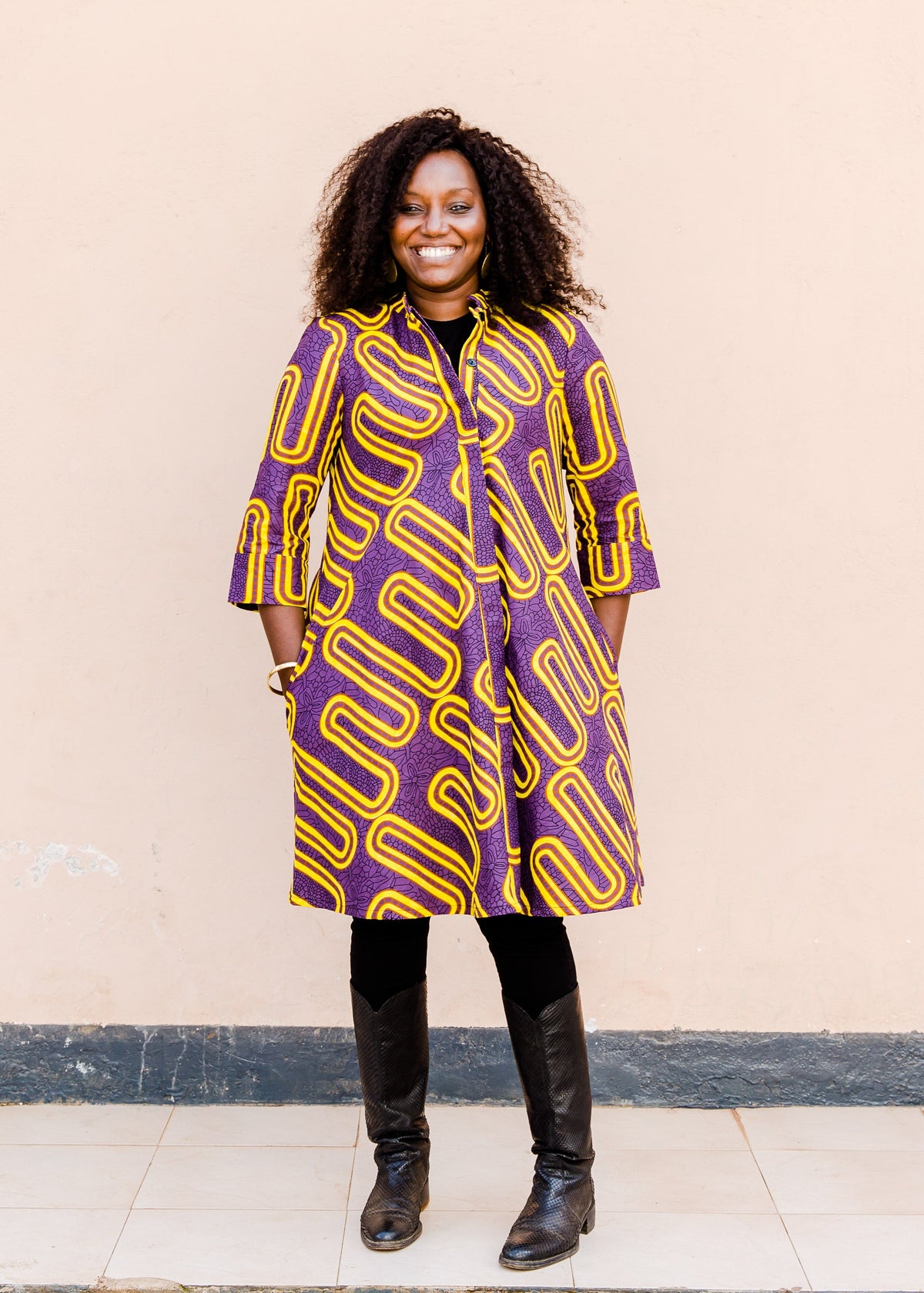 Purple dress with yellow squiggles