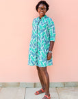 Blue and teal wave print dress