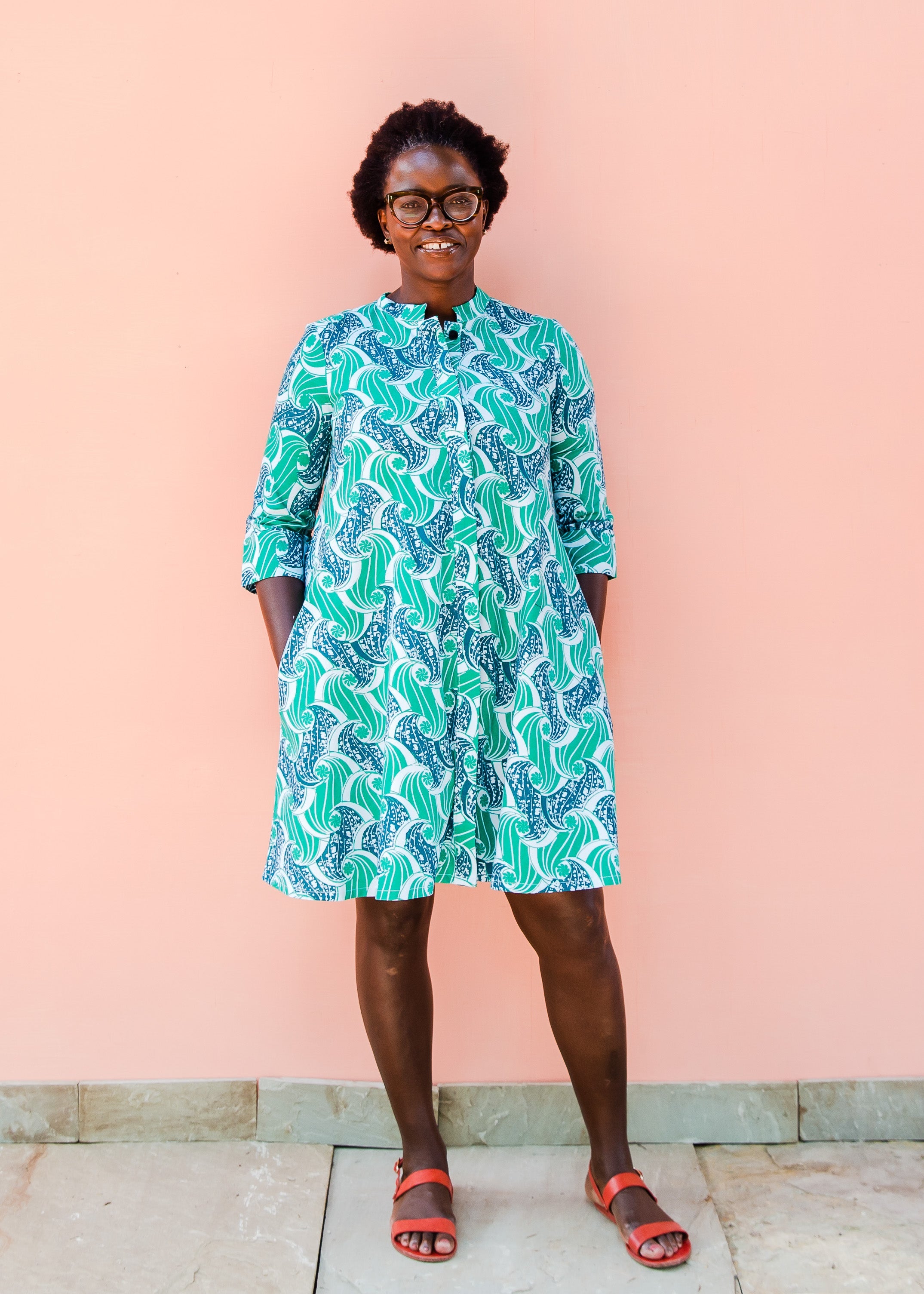 Blue and teal wave print dress