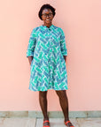 Blue and teal wave print dress