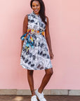 The model is wearing black and white pictorial print with tapes 