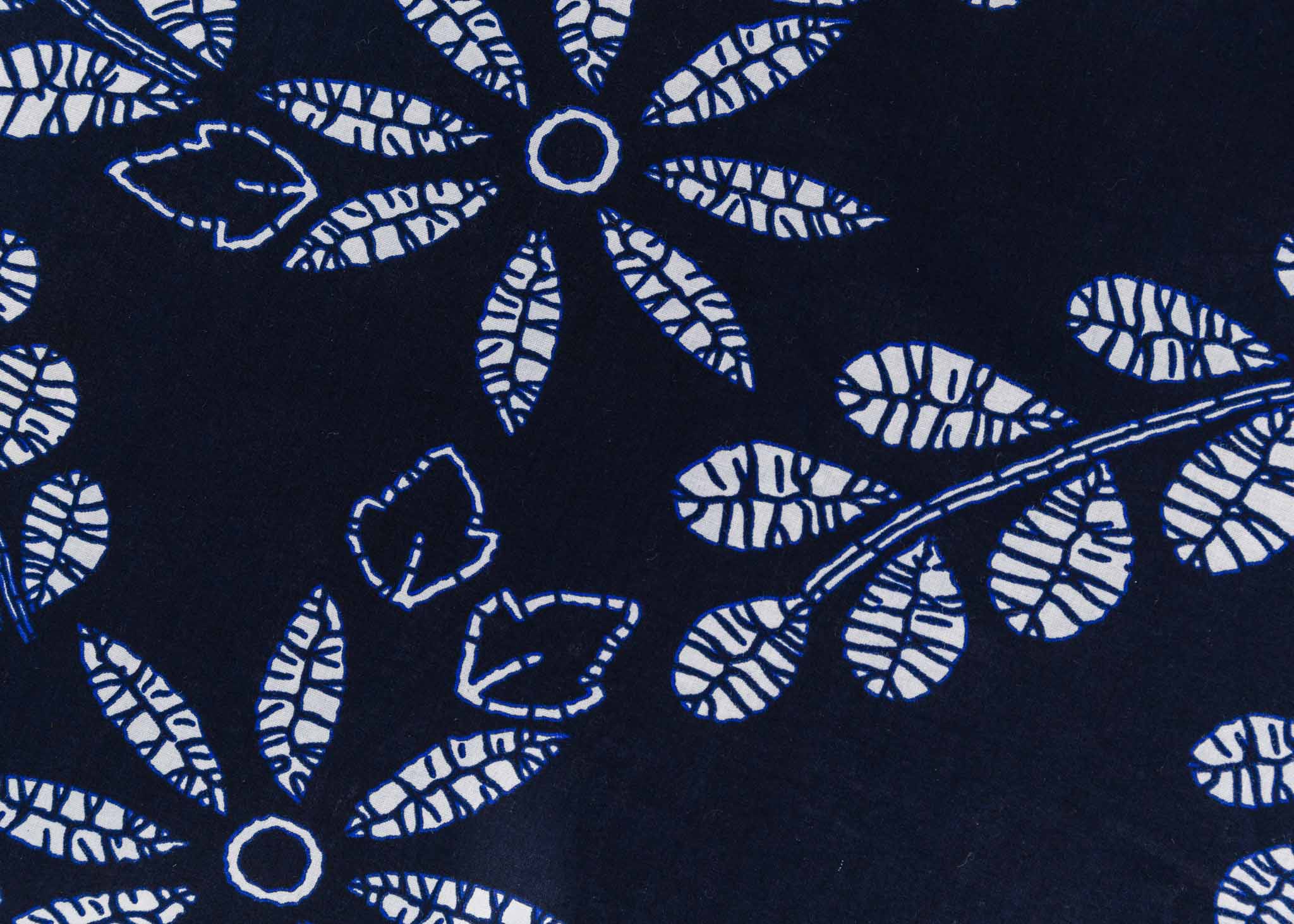 Close up display of navy dress with white floral print, fabric.