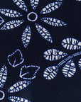 Close up display of navy dress with white floral print, fabric.