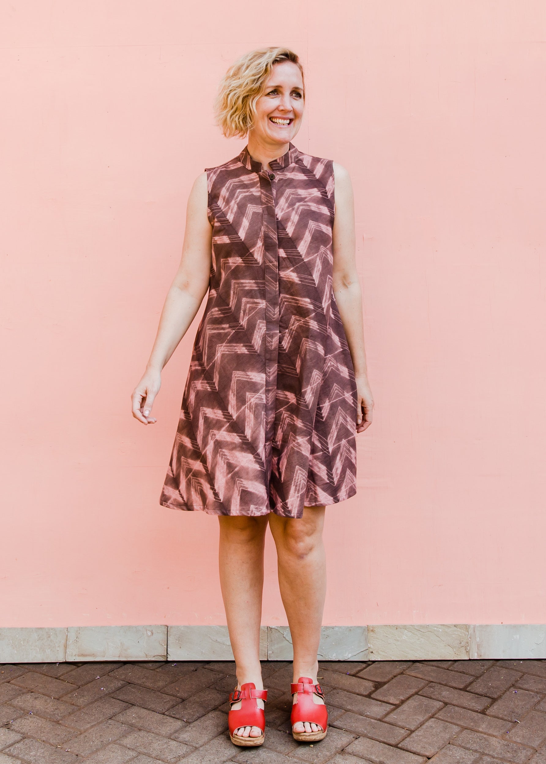 Pink and brown stitch resist dress