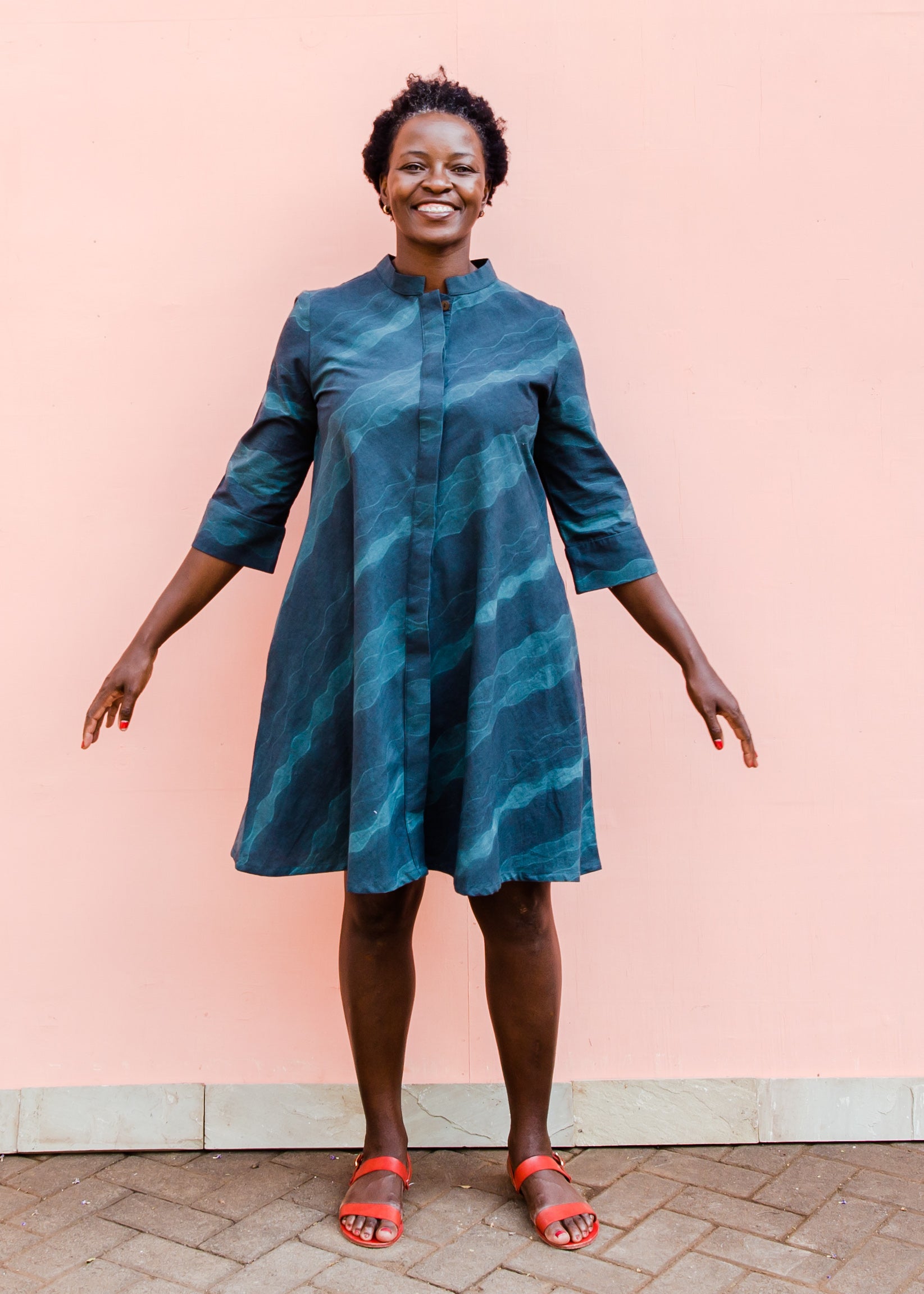 Navy and green stitch resist dress