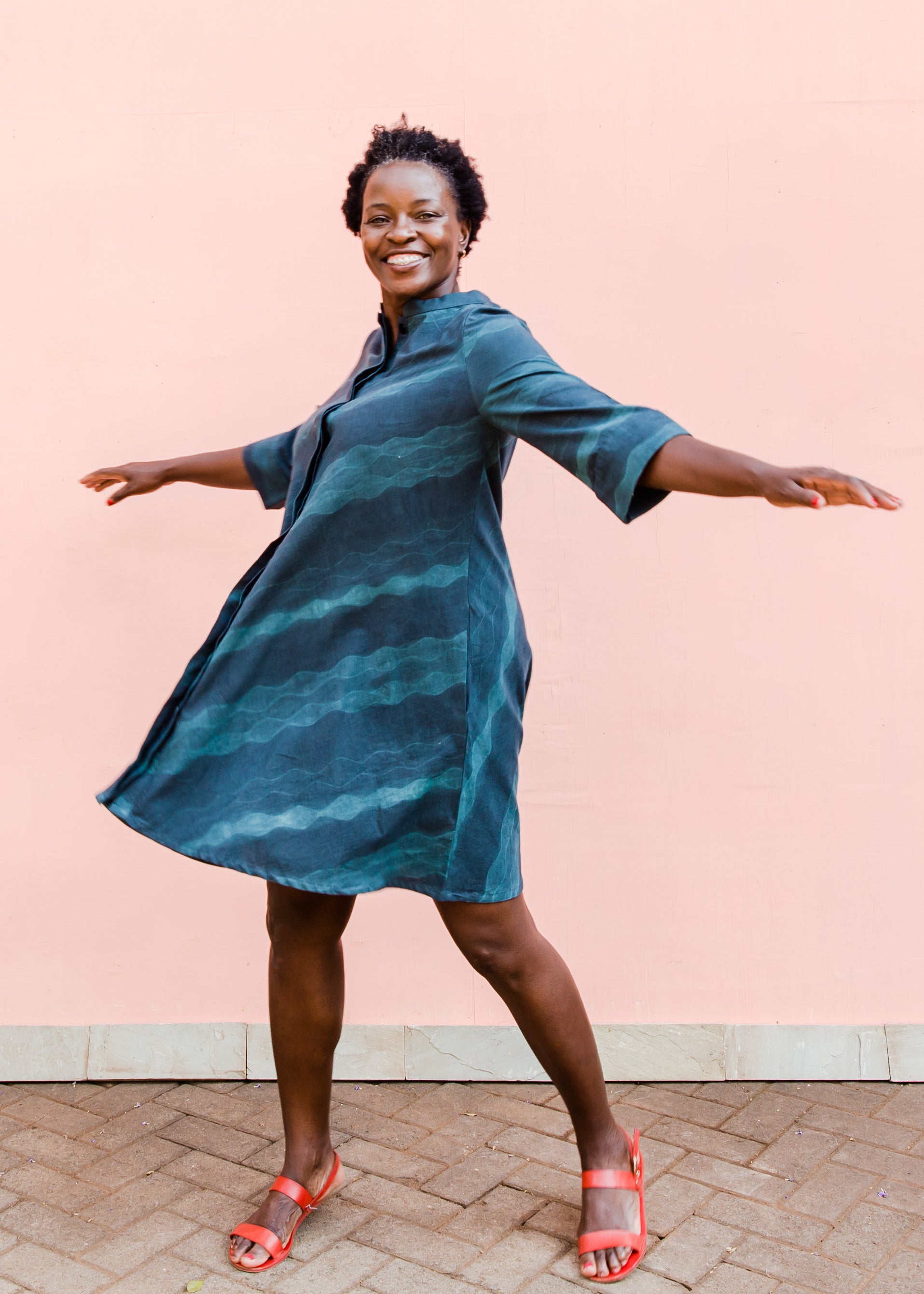 Navy and green stitch resist dress