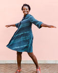 Navy and green stitch resist dress