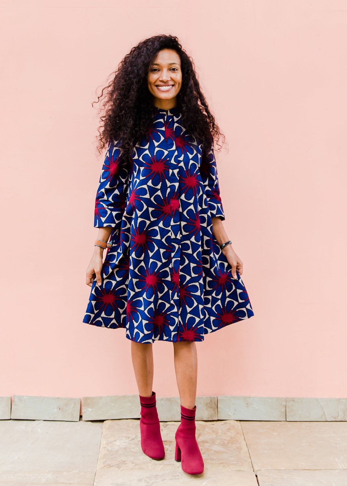 navy, red and beige floral print dress