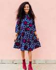 navy, red and beige floral print dress