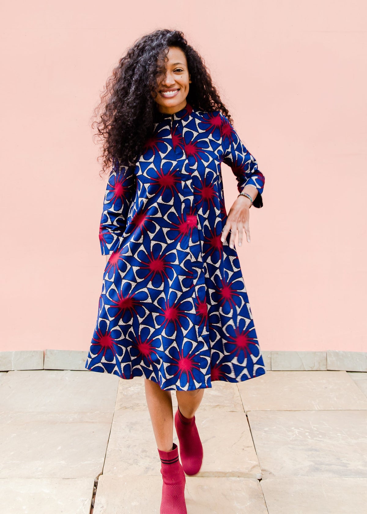 navy, red and beige floral print dress