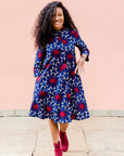 navy, red and beige floral print dress