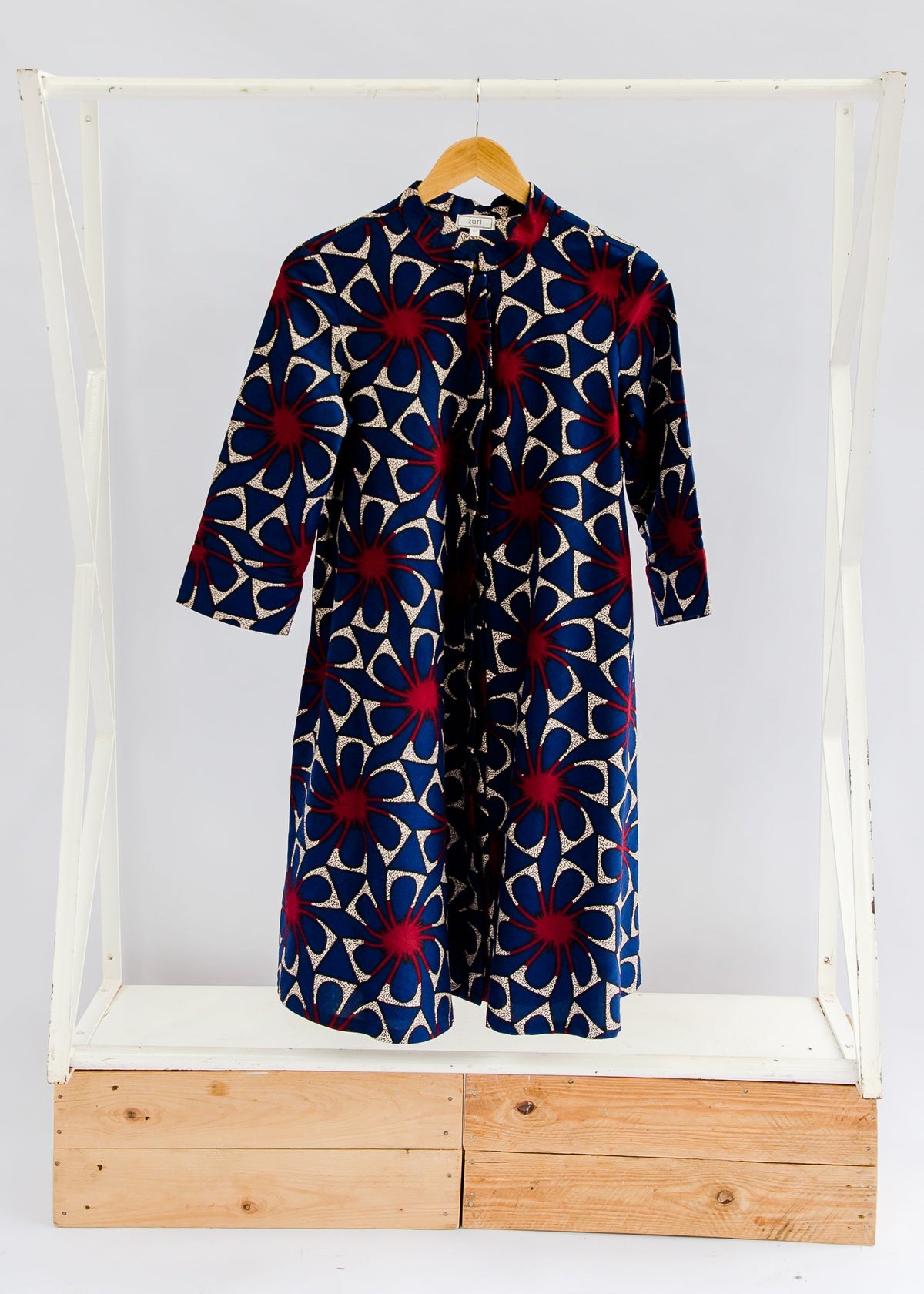 navy, red and beige floral print dress