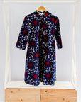 navy, red and beige floral print dress