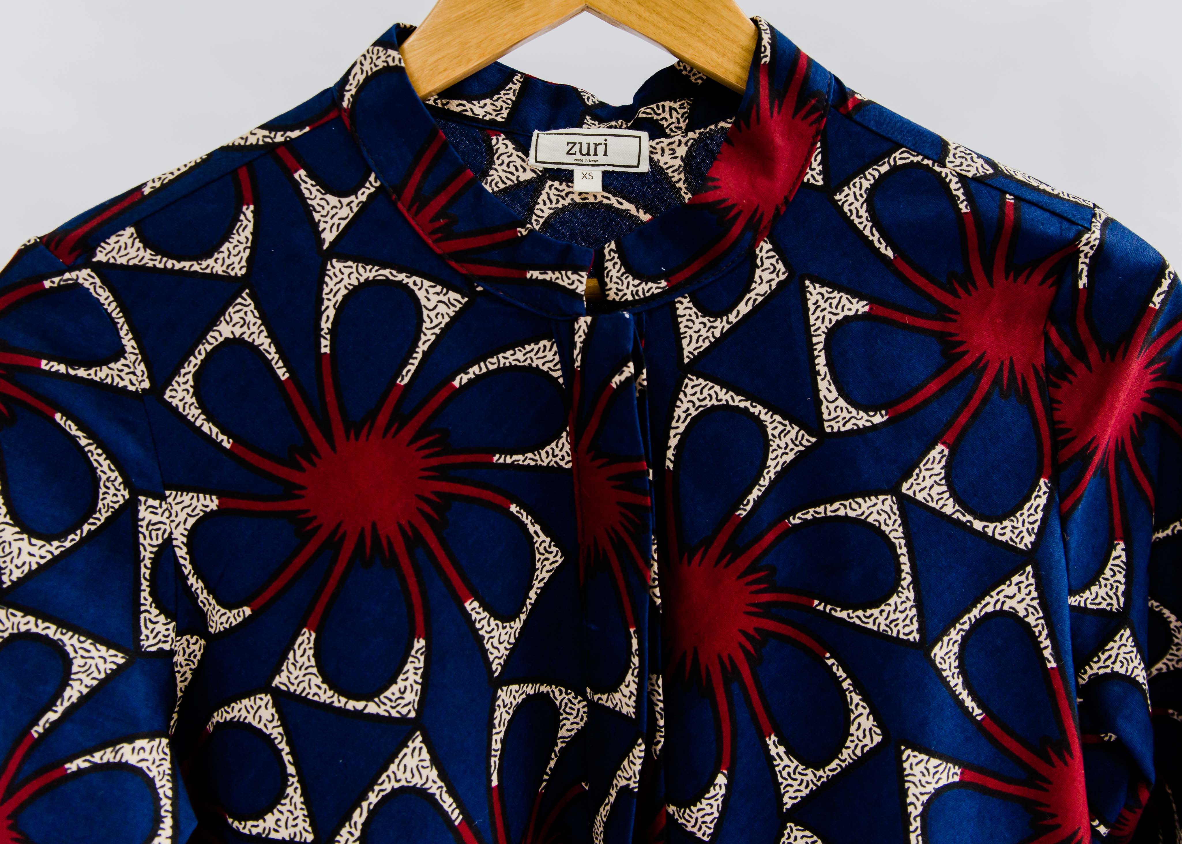 navy, red and beige floral print dress