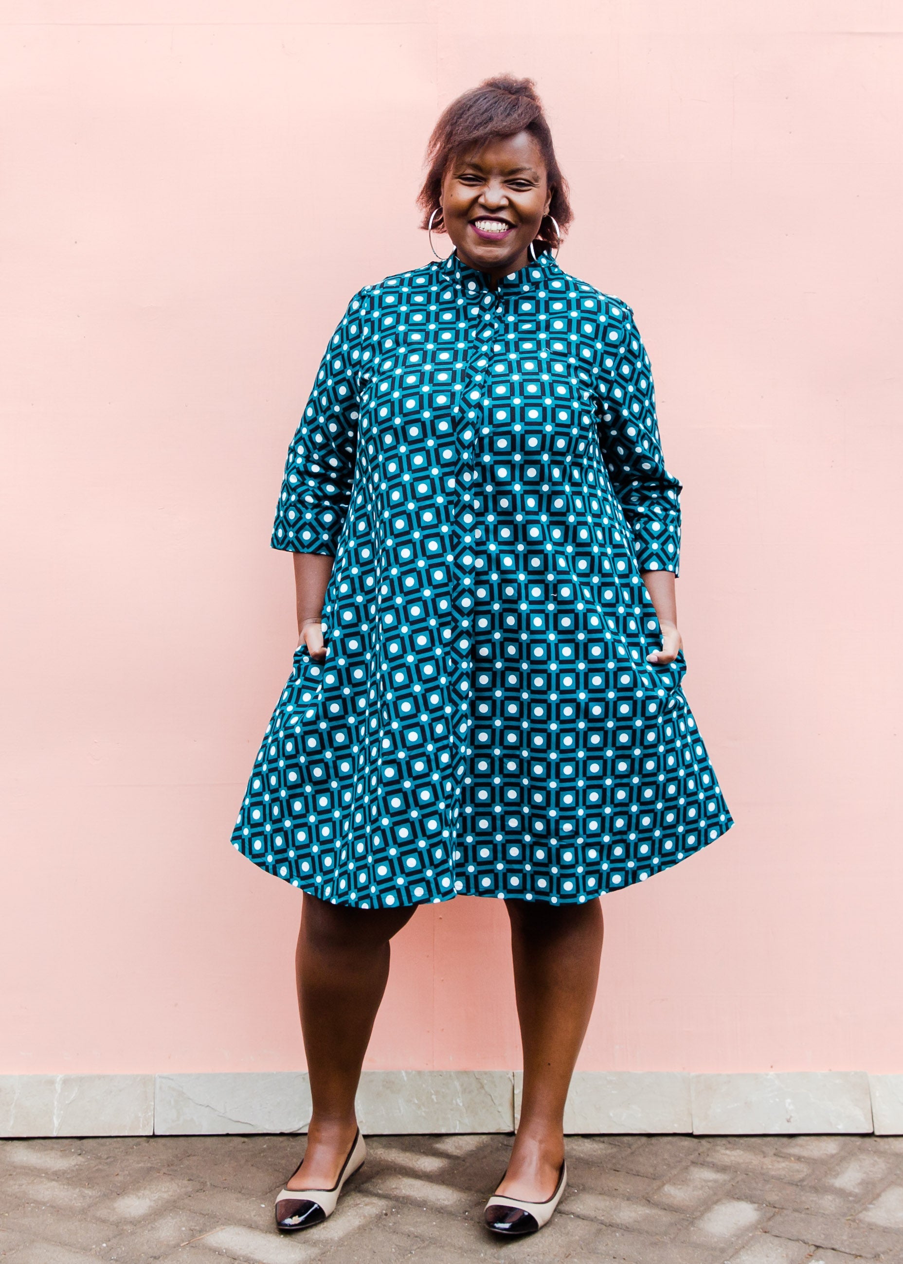 Teal dress with white dots