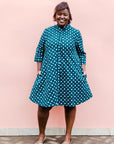 Teal dress with white dots