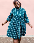 Teal dress with white dots